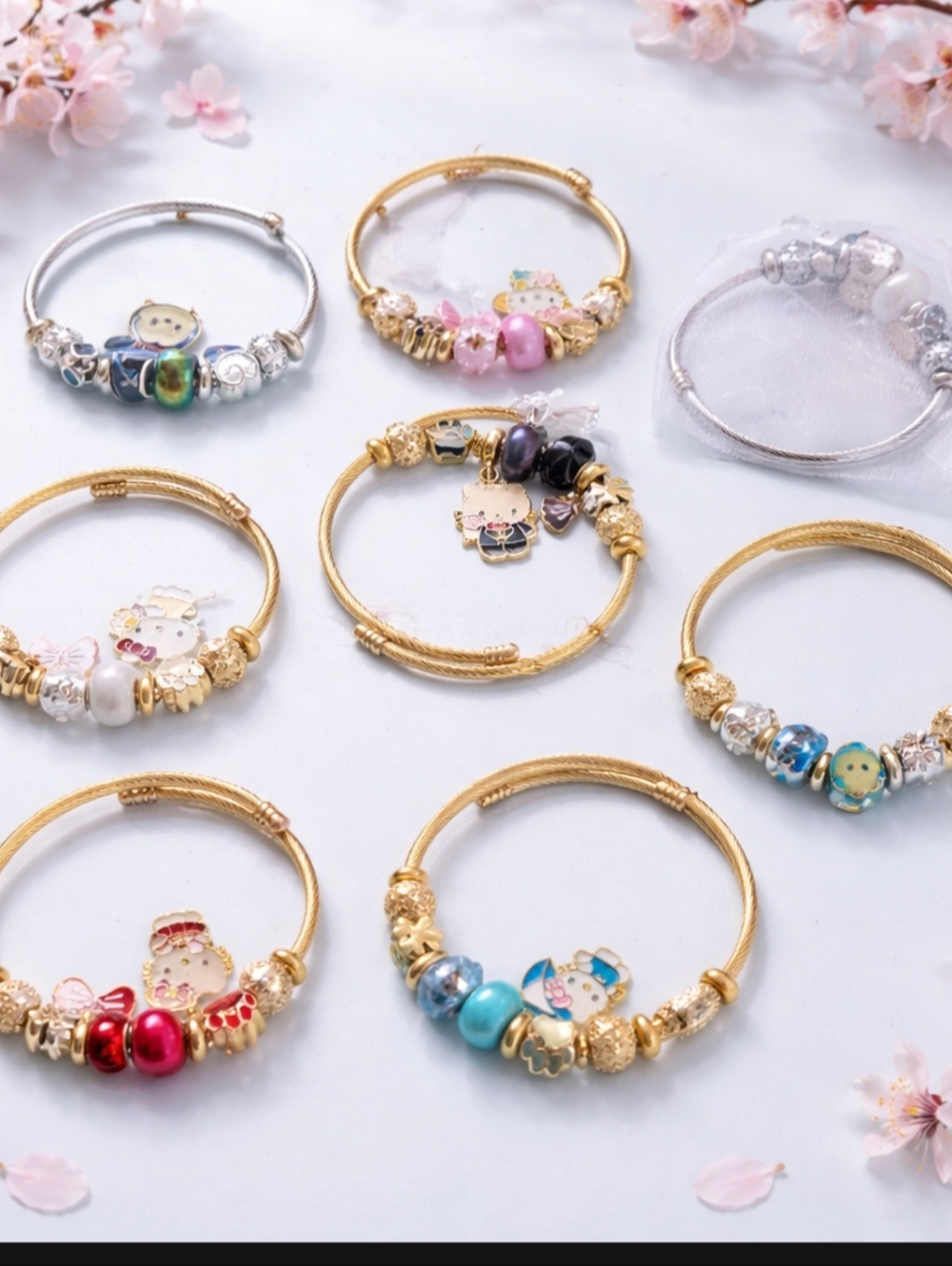 Children's Jewelry- Yellow Gold Flled Pink FloralCharmBangle-Each Bangle Cost$15 - Picture 5 of 6